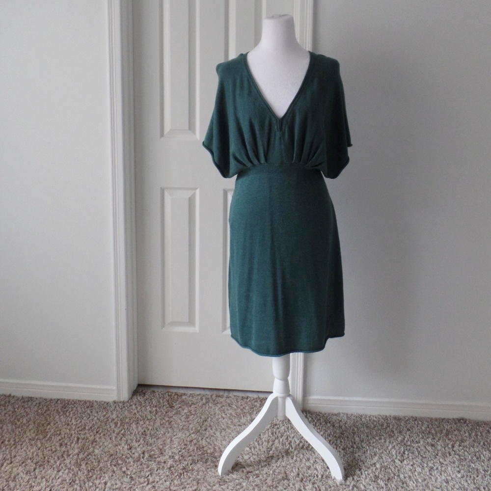 Y2K Vintage Woman's V-neck Knit Dress Elegant Bohemian Mini Emerald Green Large
